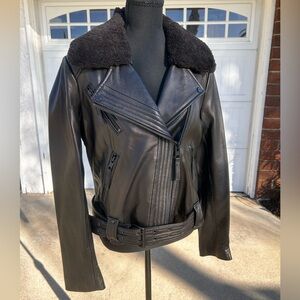 Michael Kors Black Leather Jacket with removable Fur Collar